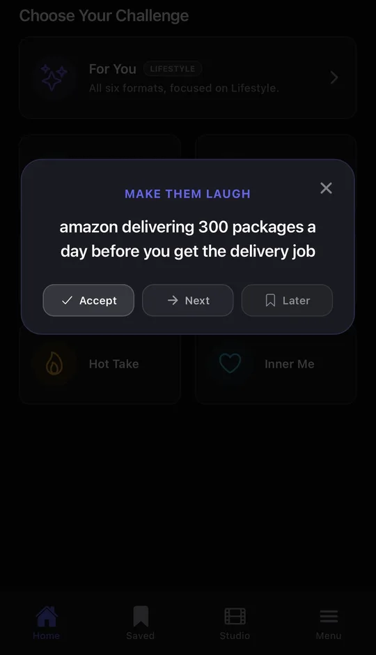 A KipFire card with Accept, Next and Later buttons